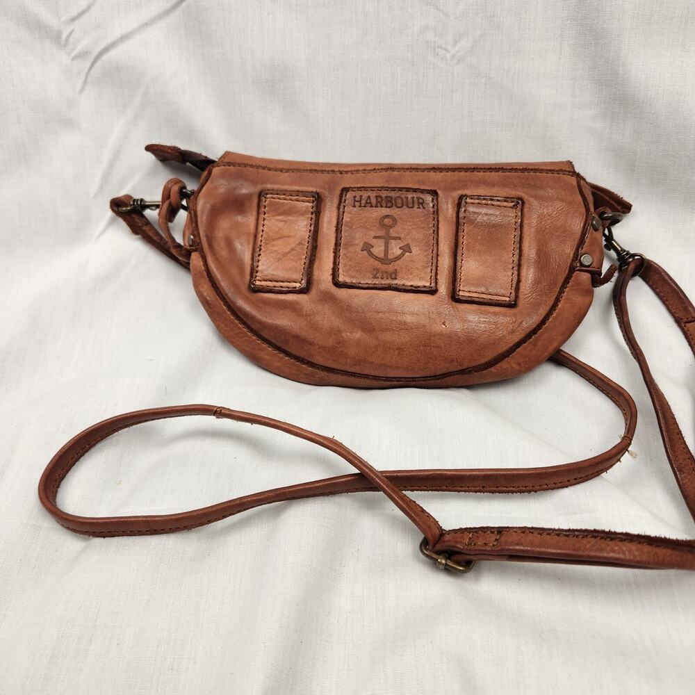 Harbour 2nd Cognac Moon Genuine Leather Clutch Belt Bag Crossbody Fanny Pack GUC